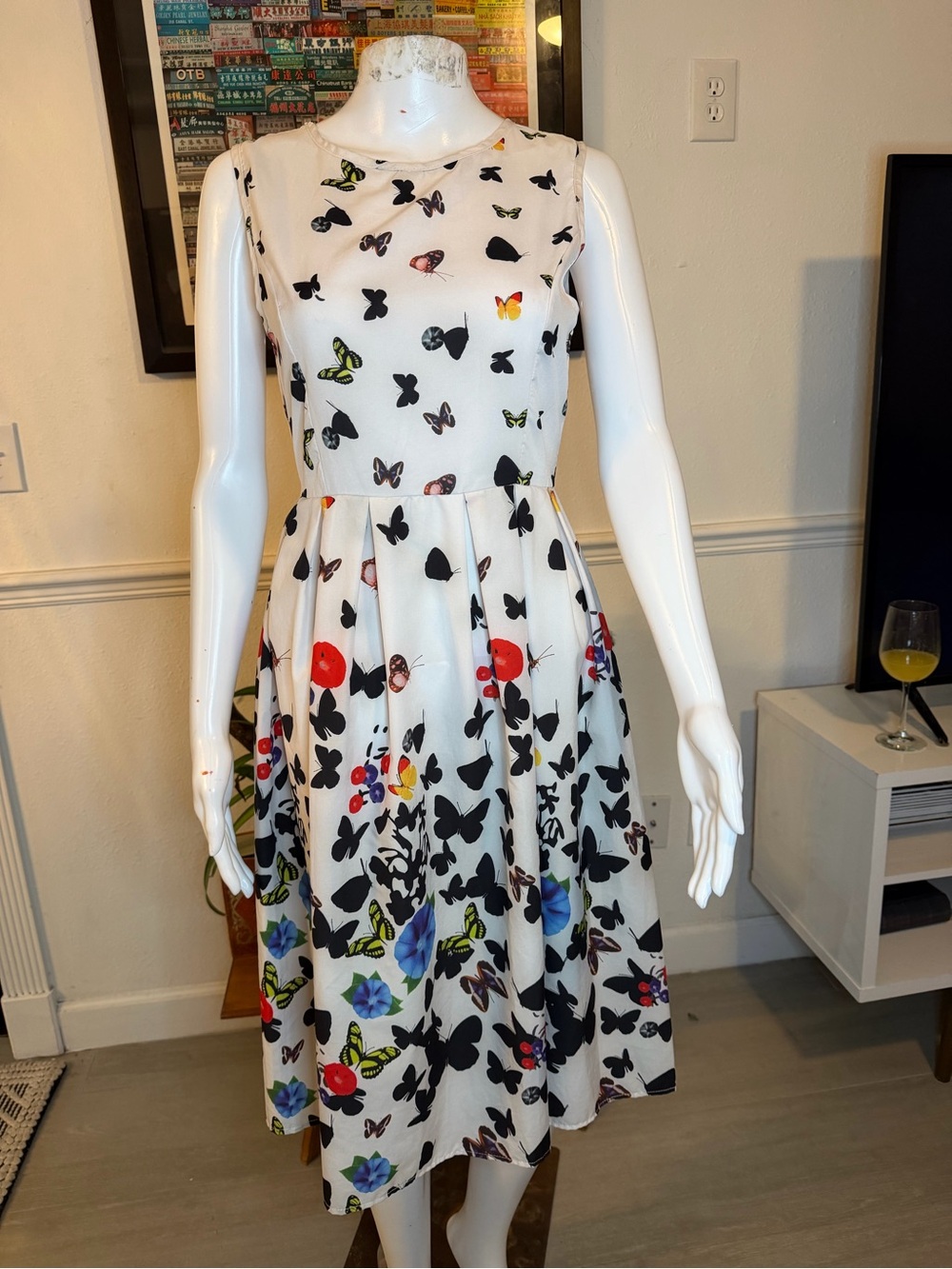 Sleeveless White Butterfly & Floral Fit-and-Flare Dress